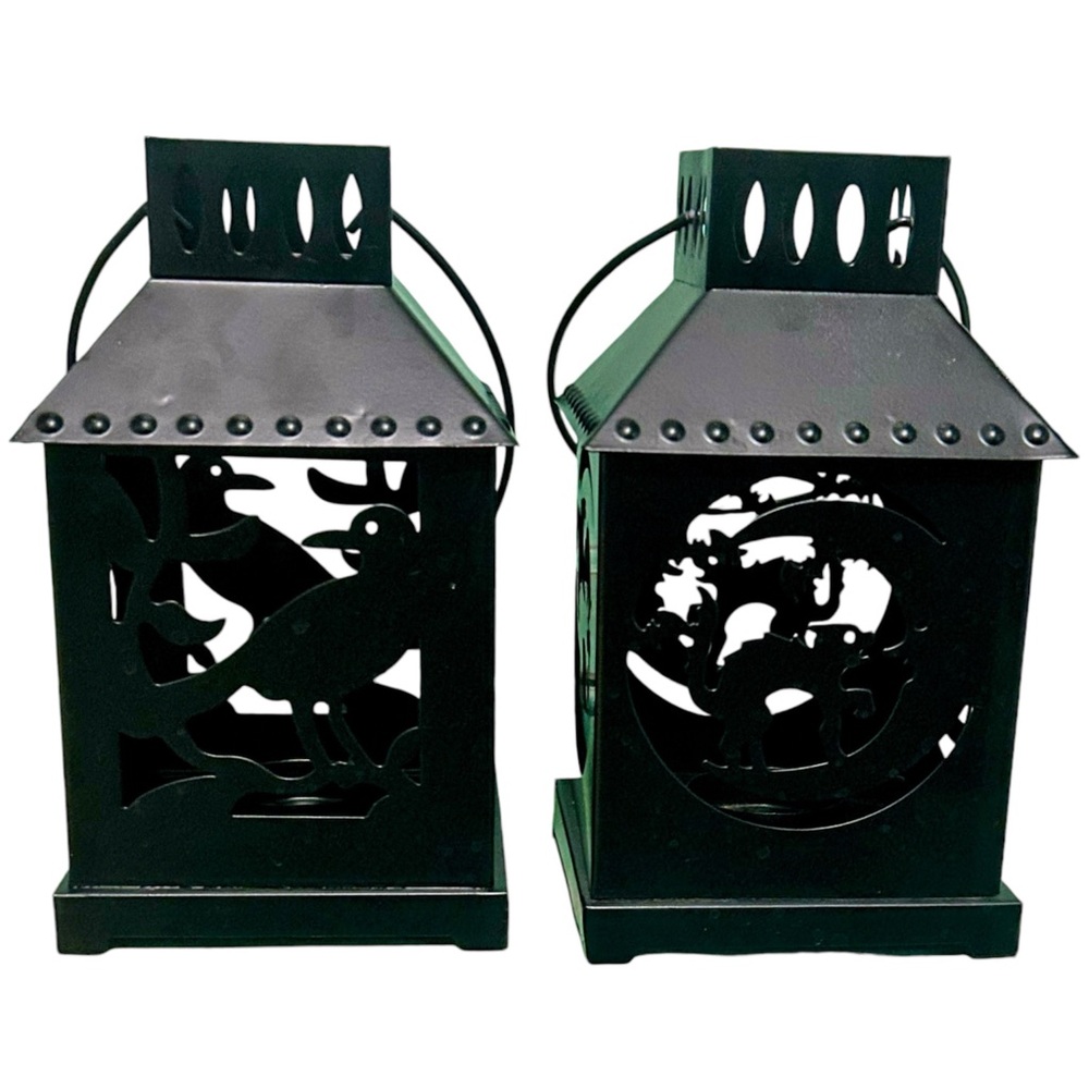 Set of Two Metal Halloween Tealight Candle Lanterns Raven Cat Moon